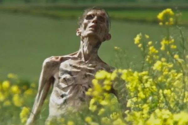 Infected zombie from 28 Days Later showing rage virus symptoms in yellow field.
