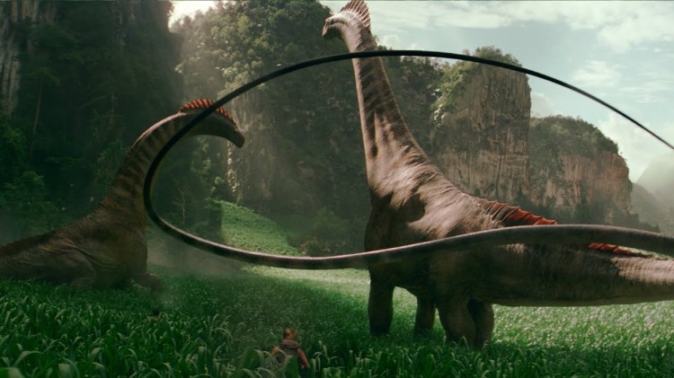 Two titanosaurs roam a valley in Jurassic World: Rebirth, evoking the wonder of the original Jurassic Park.